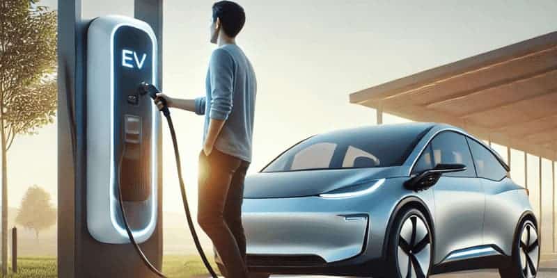A person plugging an EV into a charging station.