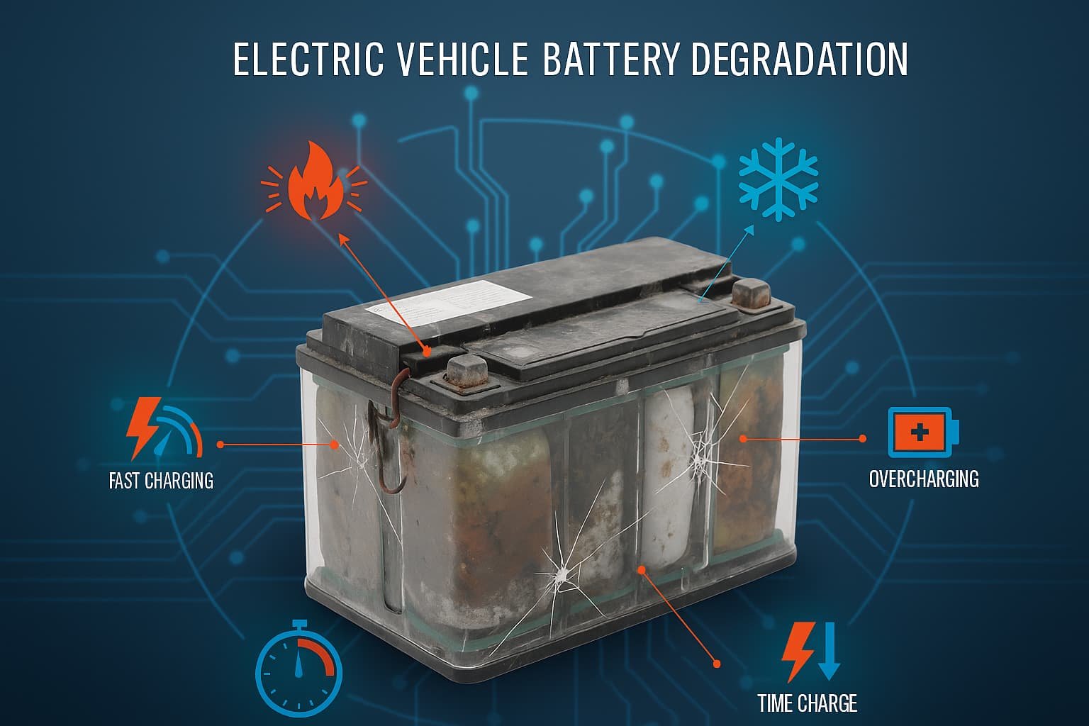 Electric car charging outdoors with signs of heat and cold showing how environment and overcharging shorten EV battery life.