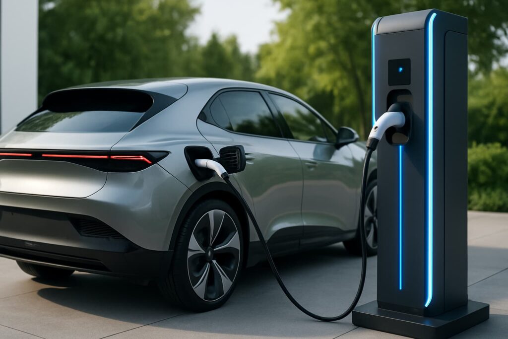 A modern electric vehicle connected to a high-tech charging station with blue LED lighting, surrounded by greenery.