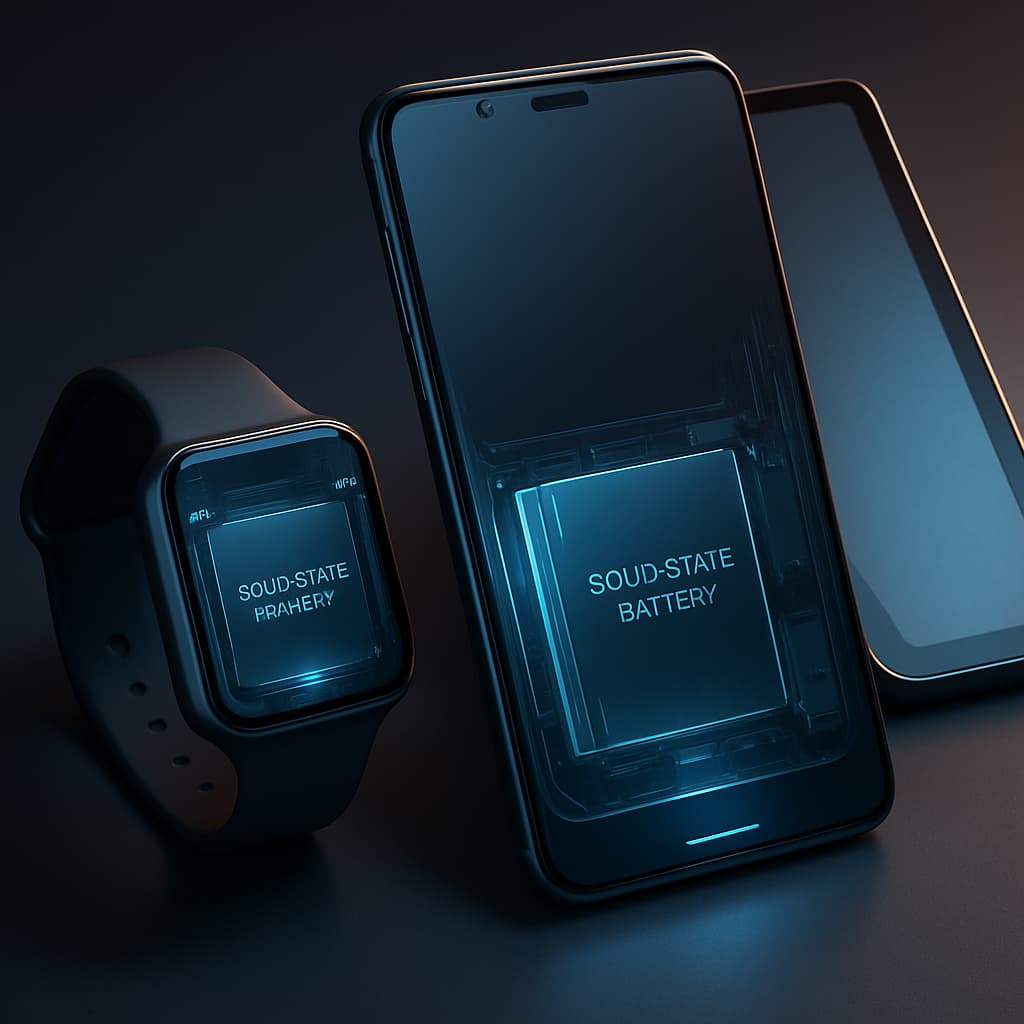 A smartwatch and smartphone with transparent displays showing internal solid-state battery components illuminated with blue light.