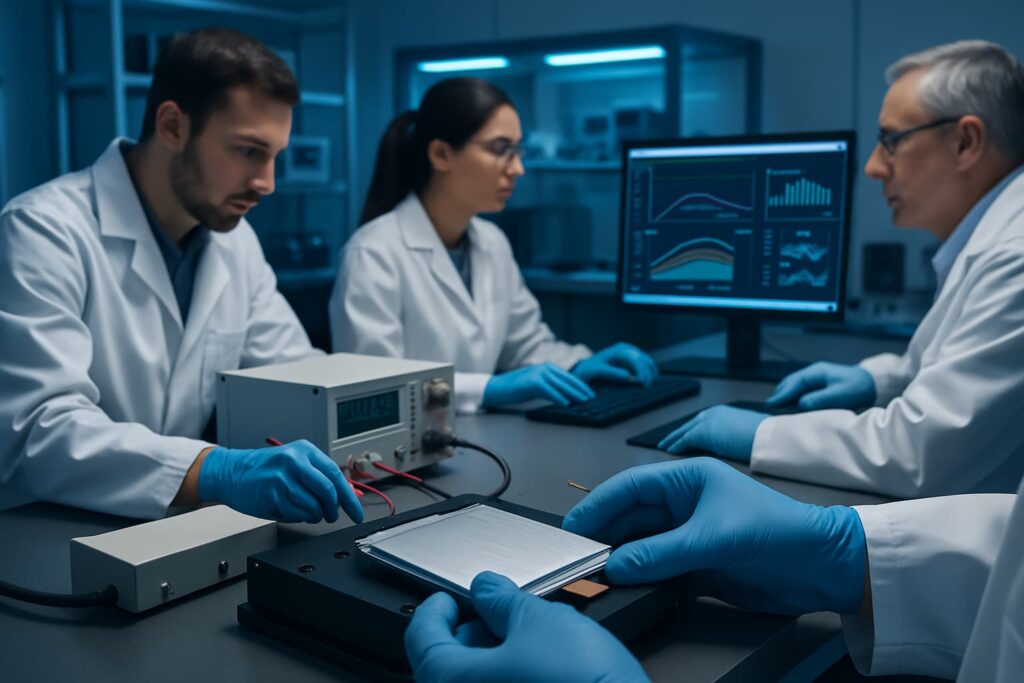 Scientists in a high-tech laboratory testing solid-state battery components with advanced monitoring equipment displaying performance data.