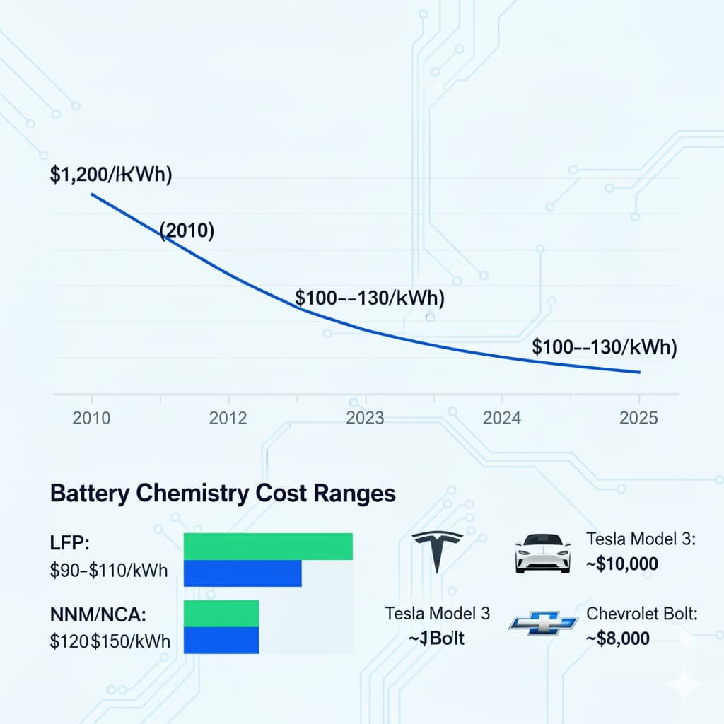 infographic showing EV battery costs per kWh over time from 2010 to 2025
