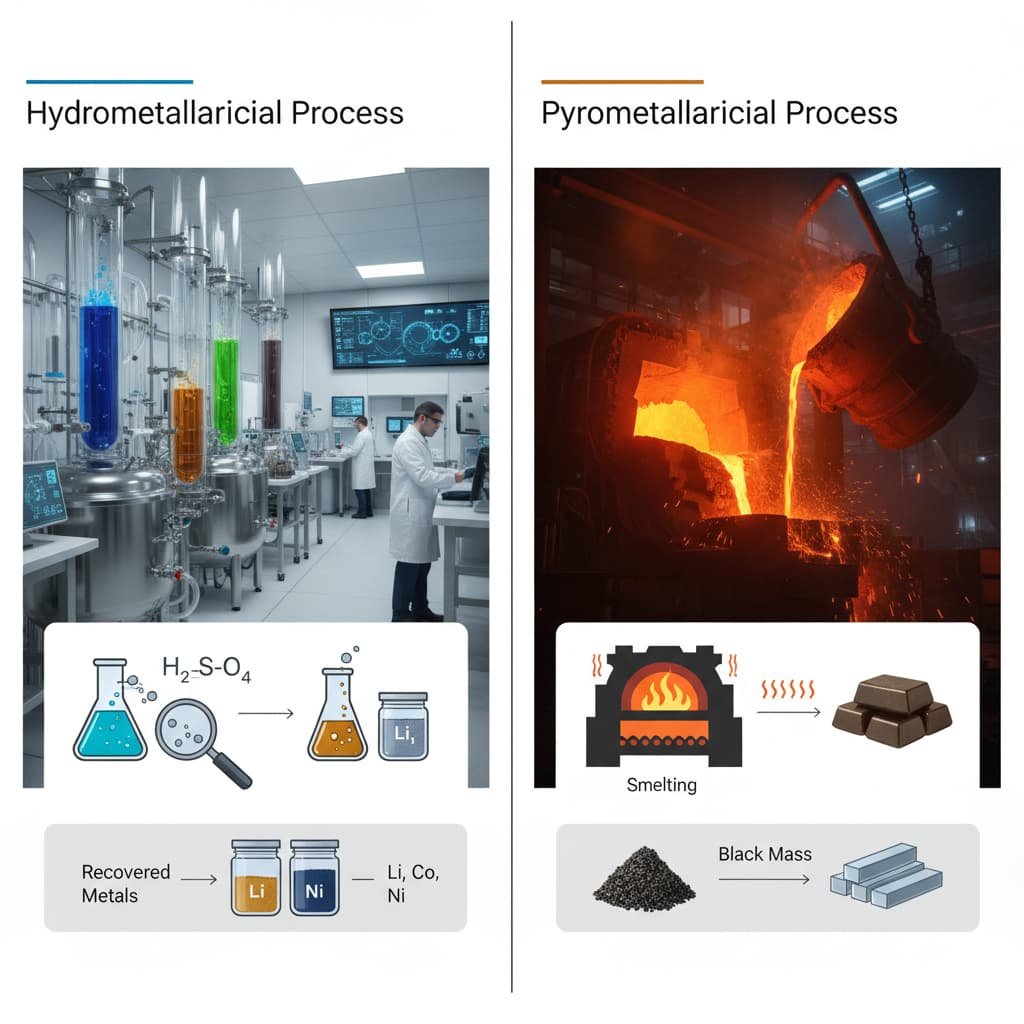 Infographic comparing EV battery recycling: Hydrometallurgy (chemical leaching) vs. Pyrometallurgy (high-heat smelting).