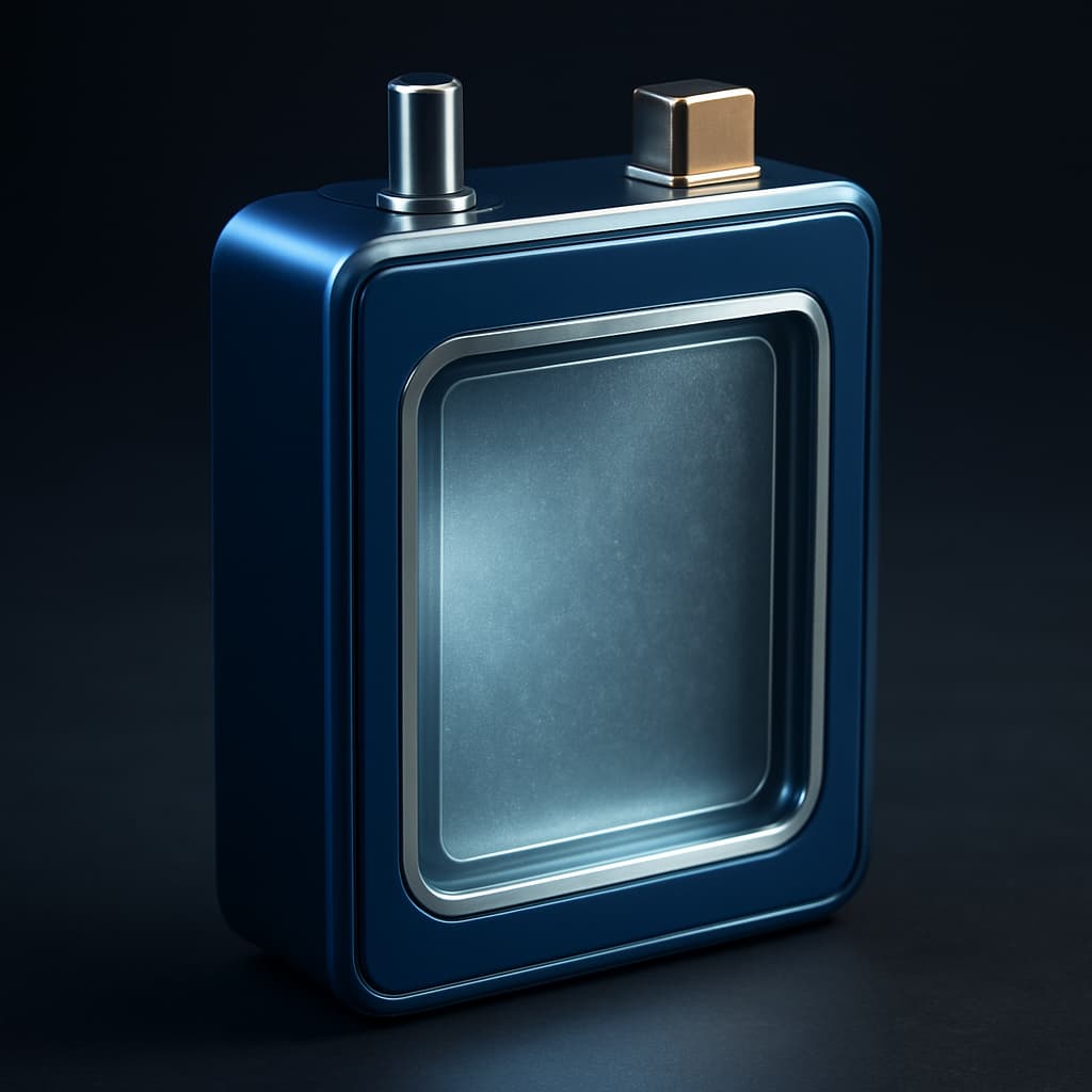 A sleek, modern solid-state battery prototype with a blue metallic casing and transparent viewing window showing the internal solid electrolyte.