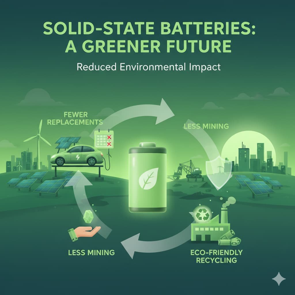 Diagram showing how solid-state batteries reduce environmental impact with fewer replacements and recycling benefits