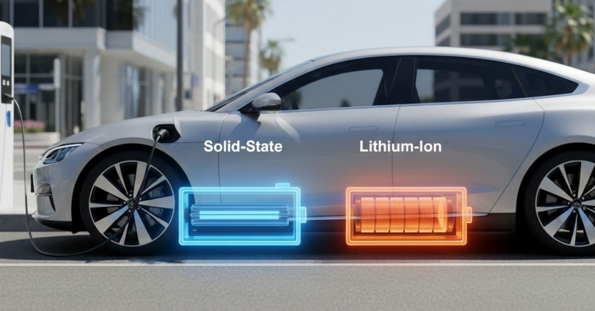 Electric vehicle showing solid-state vs lithium-ion batteries