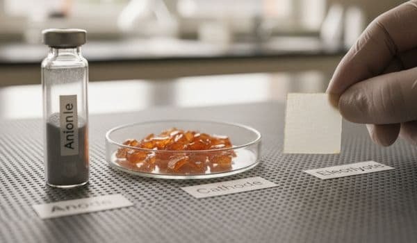 Solid-state battery materials showing anode, cathode, and solid electrolyte samples.