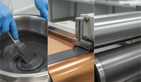 Slurry coating and roller pressing process for battery electrodes.