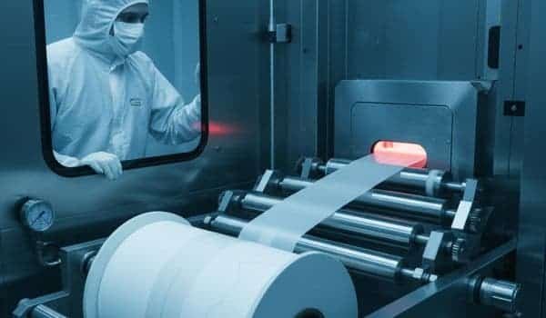 Roll-to-roll production of thin solid electrolyte in cleanroom.