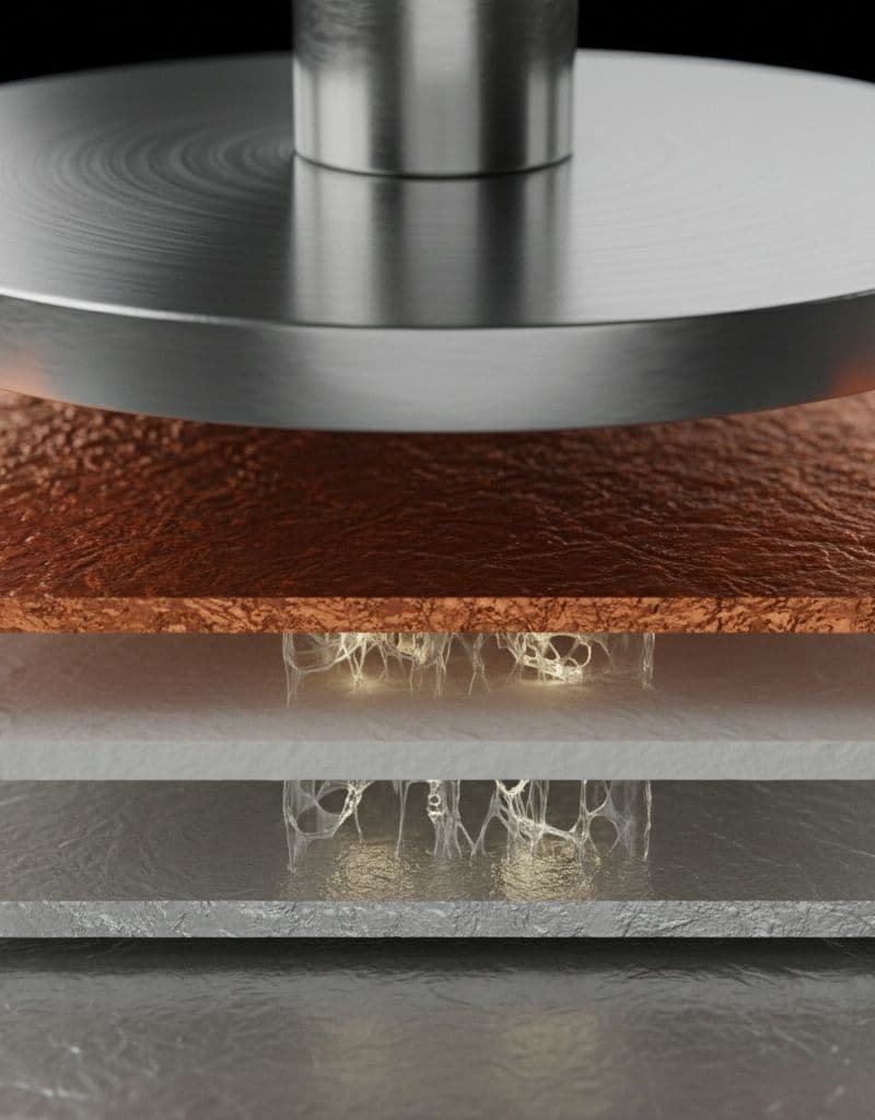 Layered anode, electrolyte, and cathode being compressed under hydraulic press.