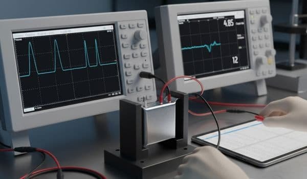 Solid-state battery connected to testing equipment for voltage and capacity check.