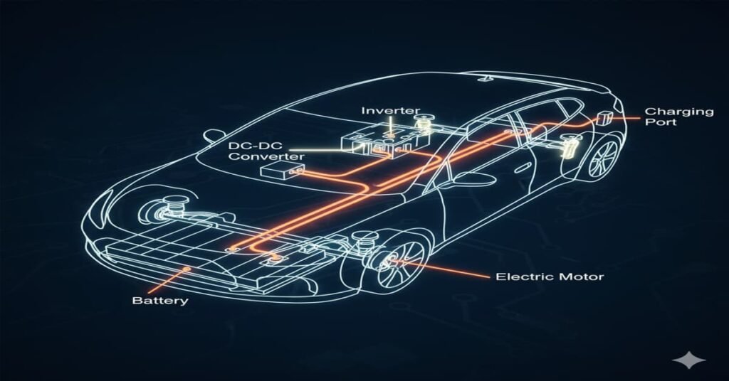 Main parts of EV high voltage power system diagram.