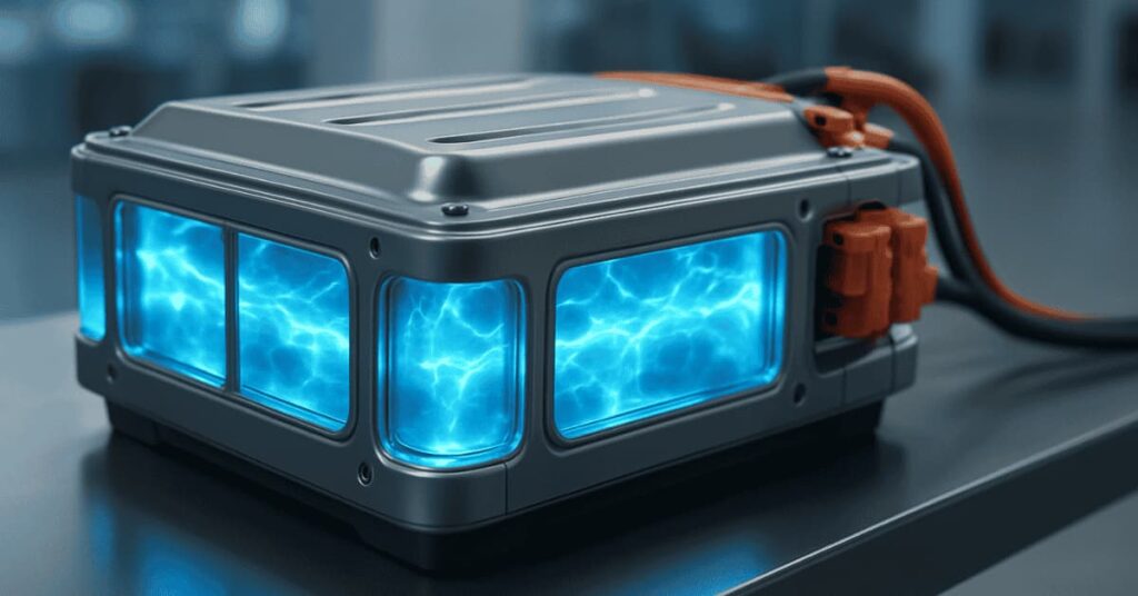 A futuristic electric vehicle battery pack with glowing blue electrolyte, symbolizing advanced battery technology and extended EV range.
