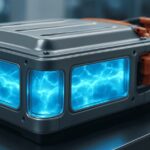 A futuristic electric vehicle battery pack with glowing blue electrolyte, symbolizing advanced battery technology and extended EV range.