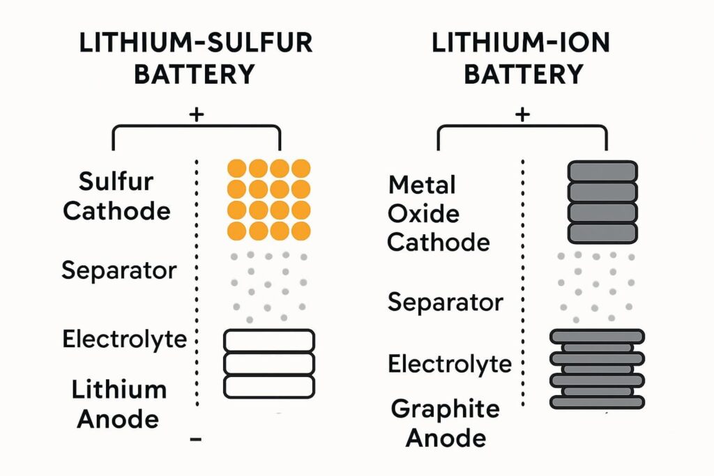 Visual graphic comparing EV range potential of Li-ion vs. Li-S)