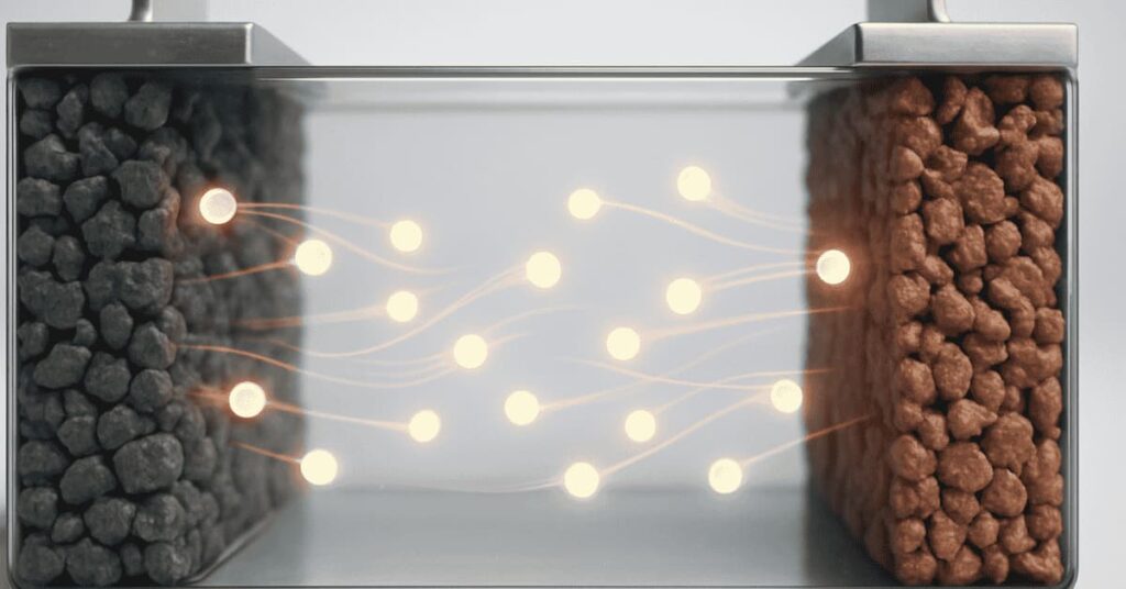 Illustration of lithium ions (glowing spheres) moving through a clear liquid electrolyte between a battery's anode and cathode, representing ion flow.