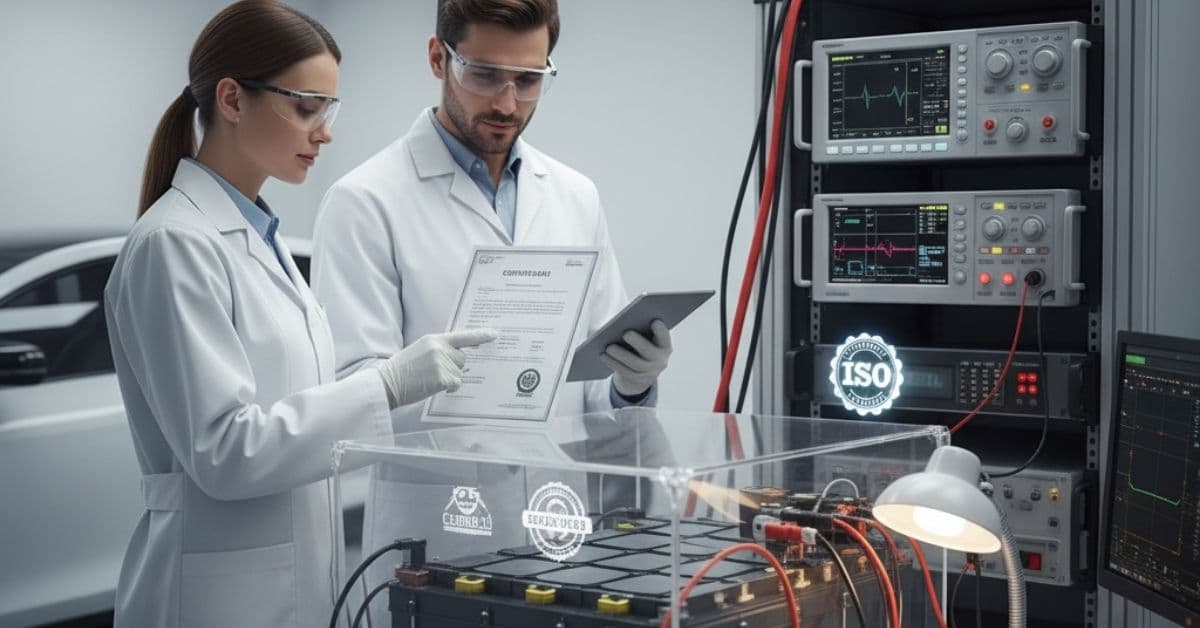 EV battery standardization and certification testing in a lab.
