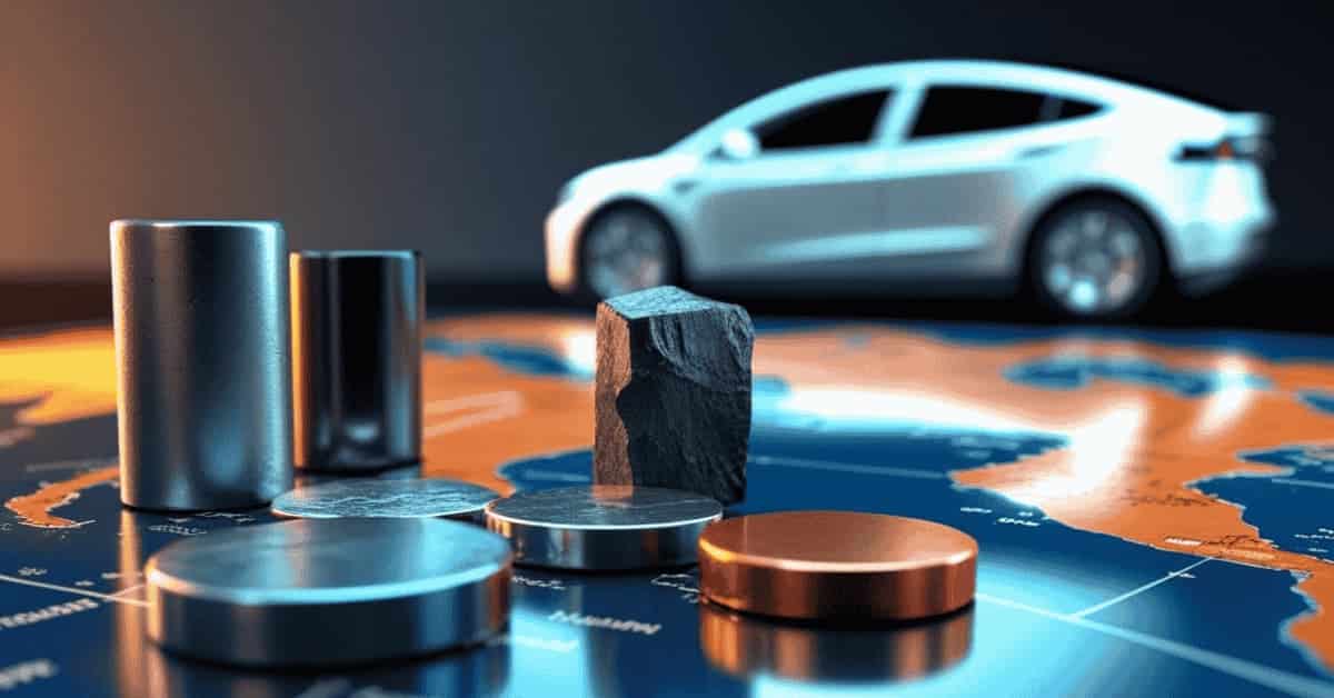 lithium, cobalt, nickel, and manganese supply chain for EV batteries with electric vehicle and global mining visuals.
