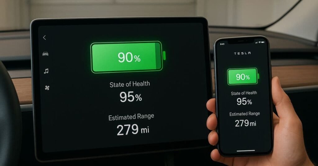 Tesla battery health test showing official SoH percentage result