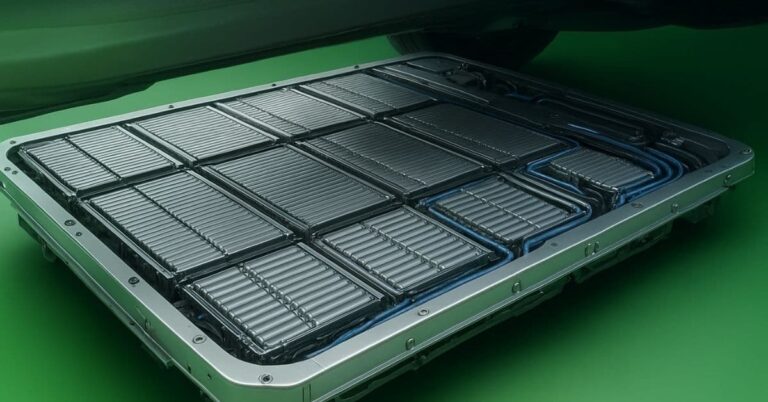 Tesla battery pack under car showing lithium-ion cells clearly.