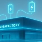 Tesla Gigafactory battery production shown with futuristic blue tech visuals.