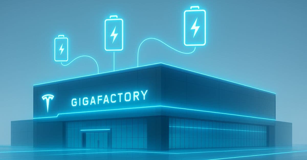 Tesla Gigafactory battery production shown with futuristic blue tech visuals.
