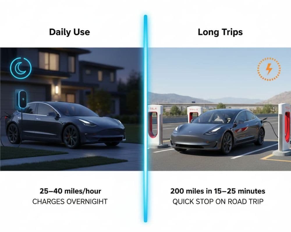 EV home charging versus supercharging speed difference daily use infographic