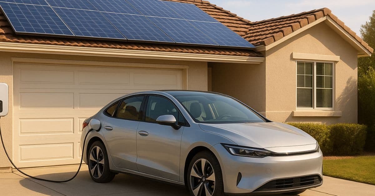 Solar panels charging EV in driveway under bright sunlight today.