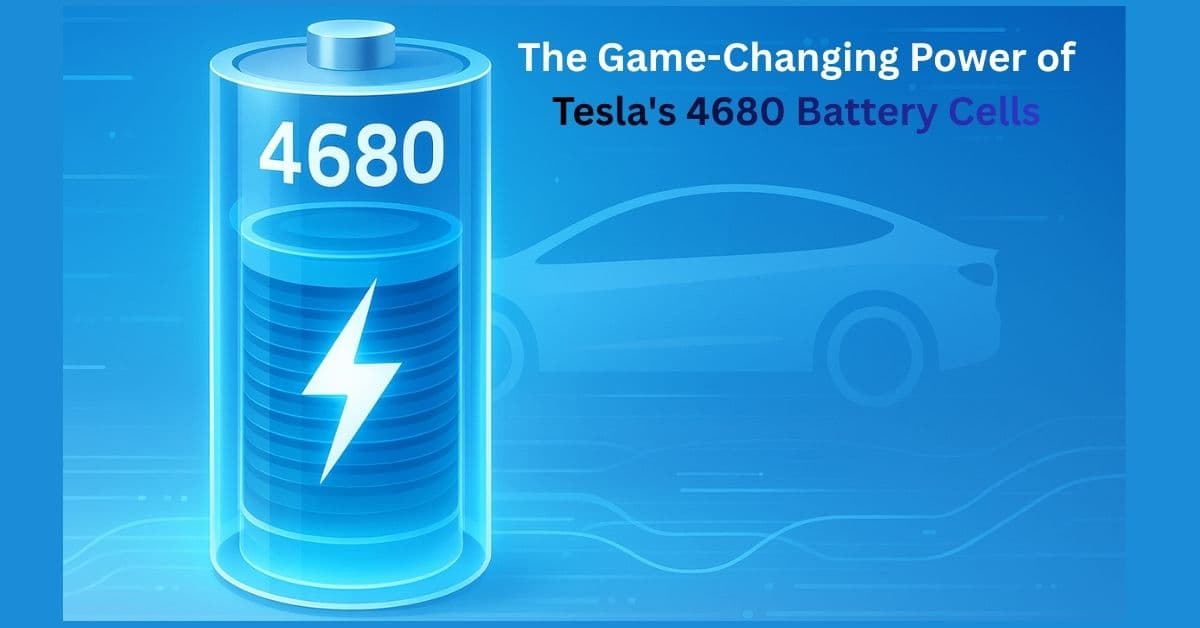 Tesla 4680 battery glowing with futuristic EV power design