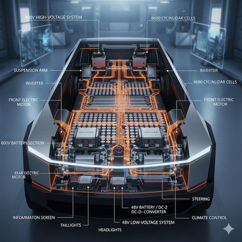 Tesla Cybertruck battery dual-voltage 48V and 800V system