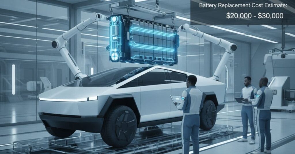 Tesla Cybertruck battery replacement cost in futuristic service center