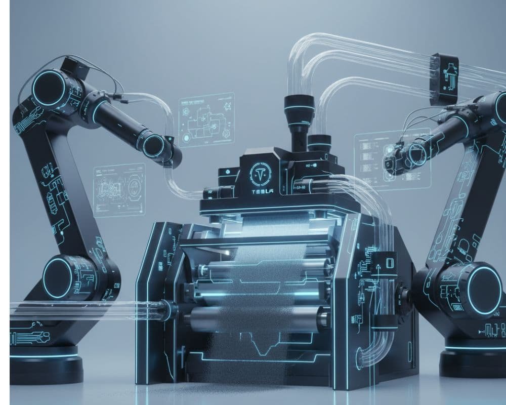 Dry electrode Tesla Gigafactory battery production displayed with blue visuals.