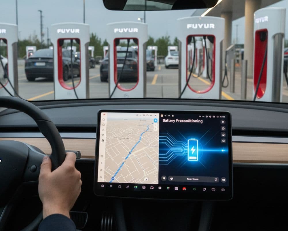 Tesla EV battery fast charging tips using preconditioning navigation