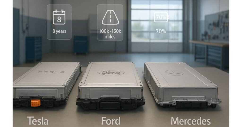 EV battery warranty differences shown across Tesla Ford Mercedes battery packs
